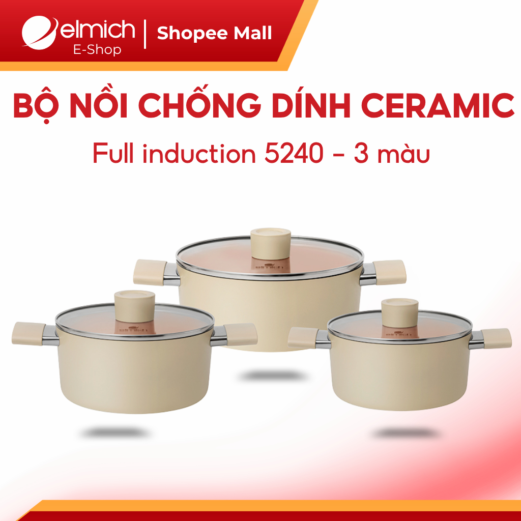 Bộ Nồi Chống Dính Ceramic Full Induction Elmich 5240 Size 18,20,24cm Dùng Bếp Từ Cao Cấp Chính Hãng