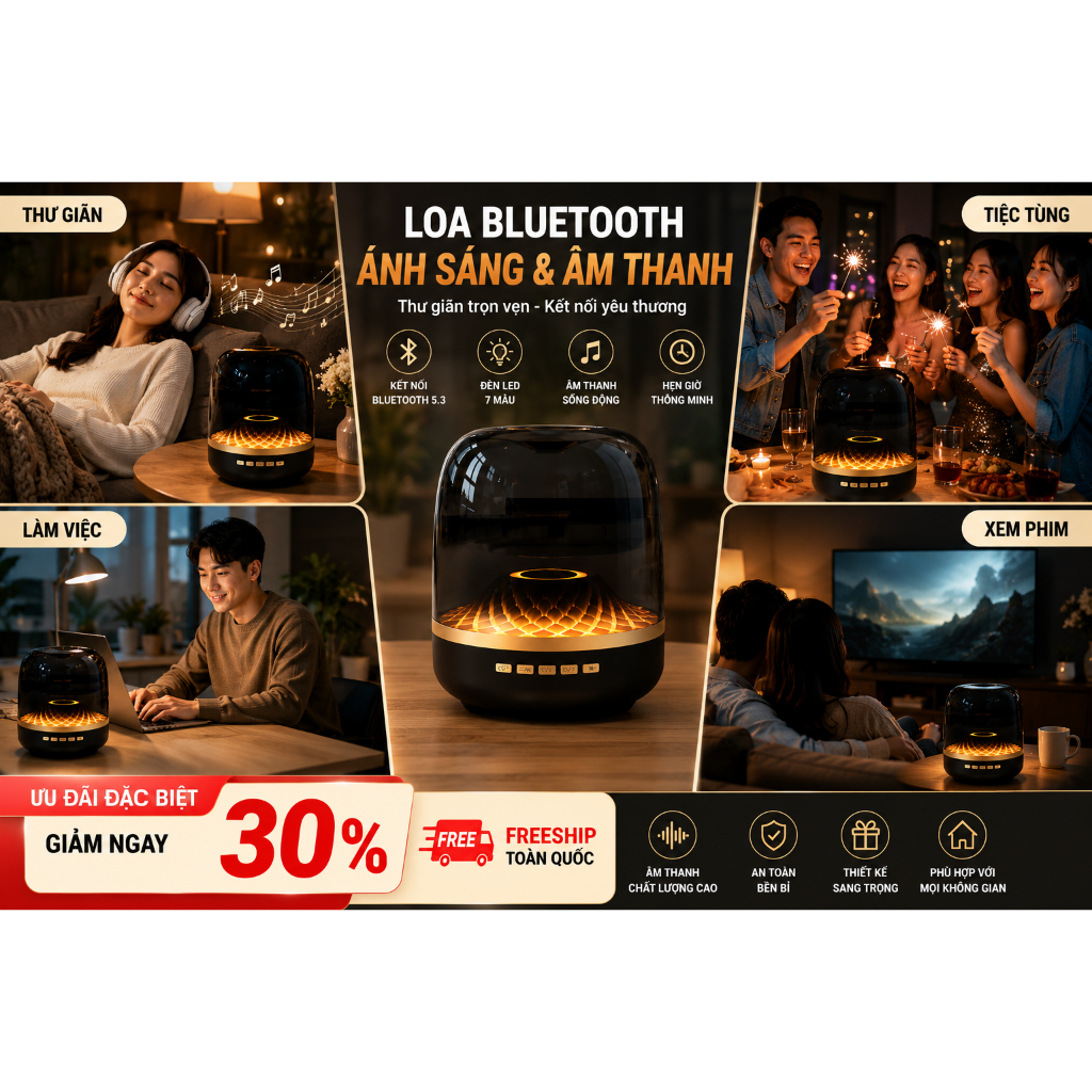 LOA BLUETOOTH GLASS 5 MINI | Âm Thanh Rạp Hát | IPX6 | Pin 12 Giờ | Dành Cho Tiệc Tùng, Du Lịch