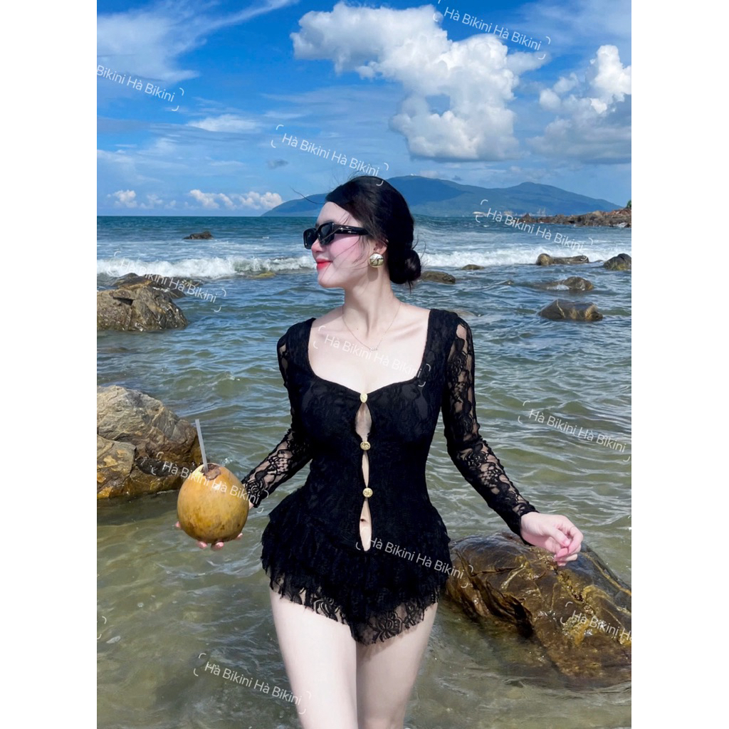 [Có Cúc] Đồ bơi đi biển BODYSUIT REN TAY DÀI vuông ôm sát body chân nhún bèo viền xếp tầng xinh xắn nhẹ nhàng [BKN 921]