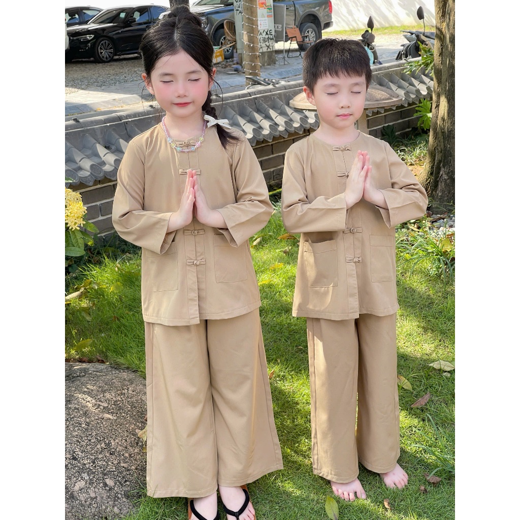 Bộ đồ đi chùa cho bé trai bé gái lụa nhuyễn cổ tròn Đồ lam cho bé mặc khóa tu mùa hè 15-40kg