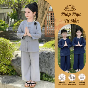 Bộ đồ đi chùa cho bé trai bé gái lụa nhuyễn cổ tròn Đồ lam cho bé mặc khóa tu mùa hè 15-40kg