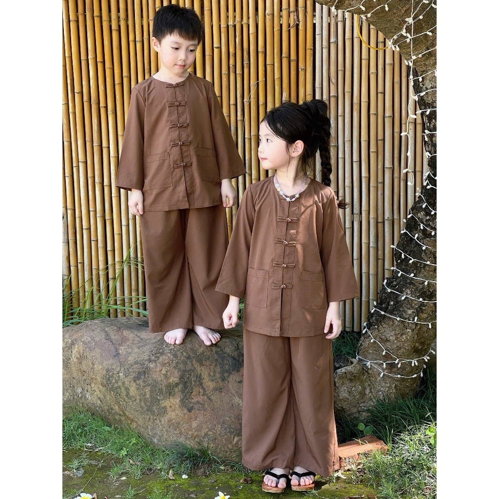 Bộ đồ đi chùa cho bé trai bé gái lụa nhuyễn cổ tròn Đồ lam cho bé mặc khóa tu mùa hè 15-40kg