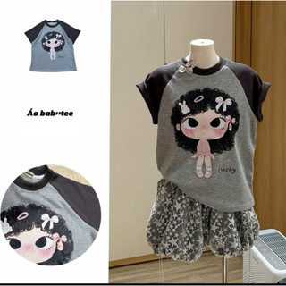 Áo thun babytee phối họa tiết hoạt hình dễ thương, cotton co dãn phong cách Ulzzang