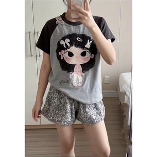 Áo thun babytee phối họa tiết hoạt hình dễ thương dễ mix đồ mặc hàng ngày