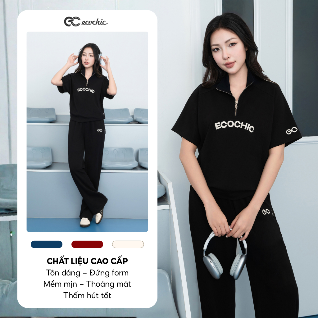 Set Bộ Polo ECOCHIC B142 FRERCE WINK SET Áo Cổ Cao Halfzip Quần Dài Cạp Cao Phối Logo EC Cao Cấp Chính Hãng