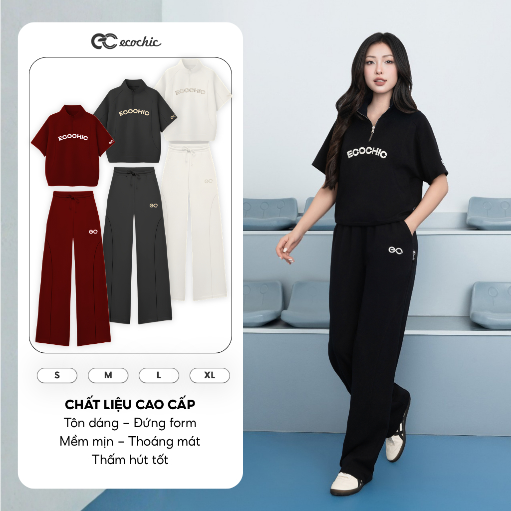 Set Bộ Polo ECOCHIC B142 FRERCE WINK SET Áo Cổ Cao Halfzip Quần Dài Cạp Cao Phối Logo EC Cao Cấp Chính Hãng