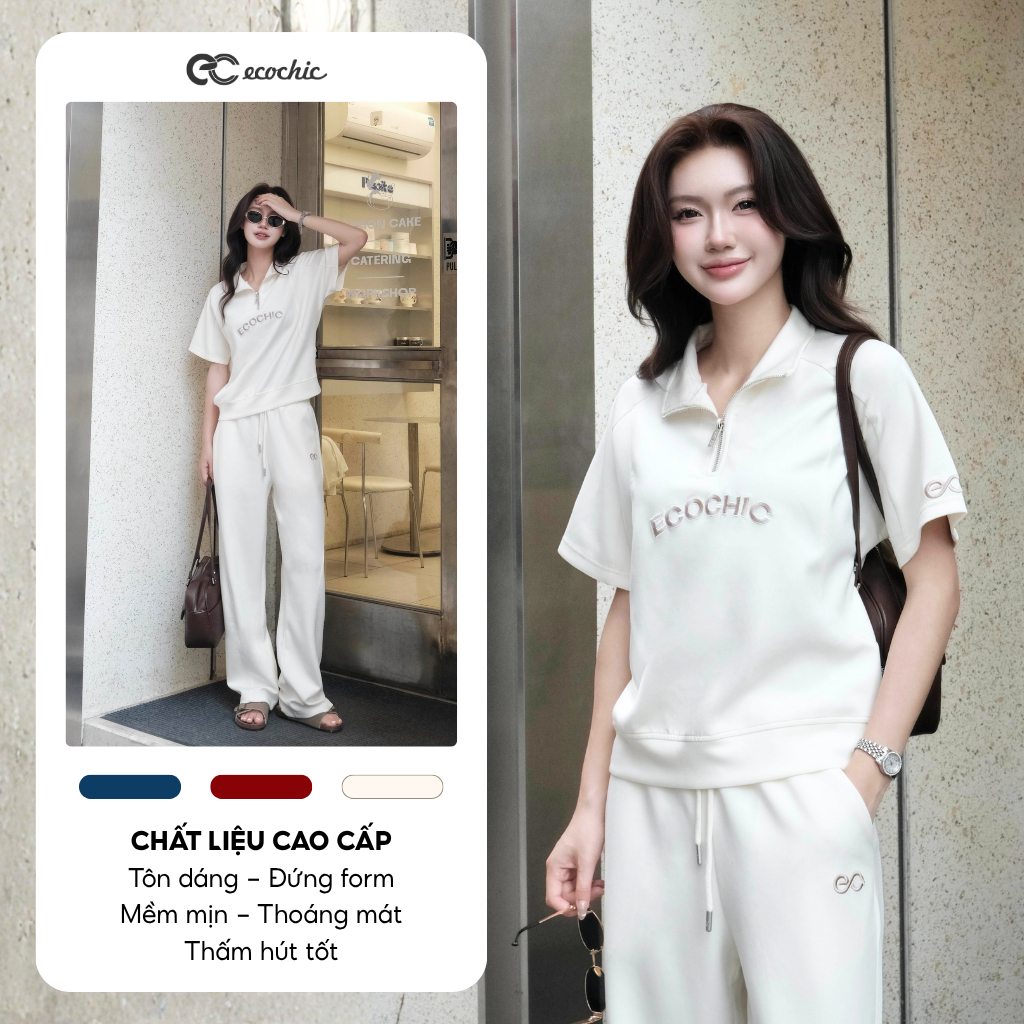 Set Bộ Polo ECOCHIC B142 FRERCE WINK SET Áo Cổ Cao Halfzip Quần Dài Cạp Cao Phối Logo EC Cao Cấp Chính Hãng