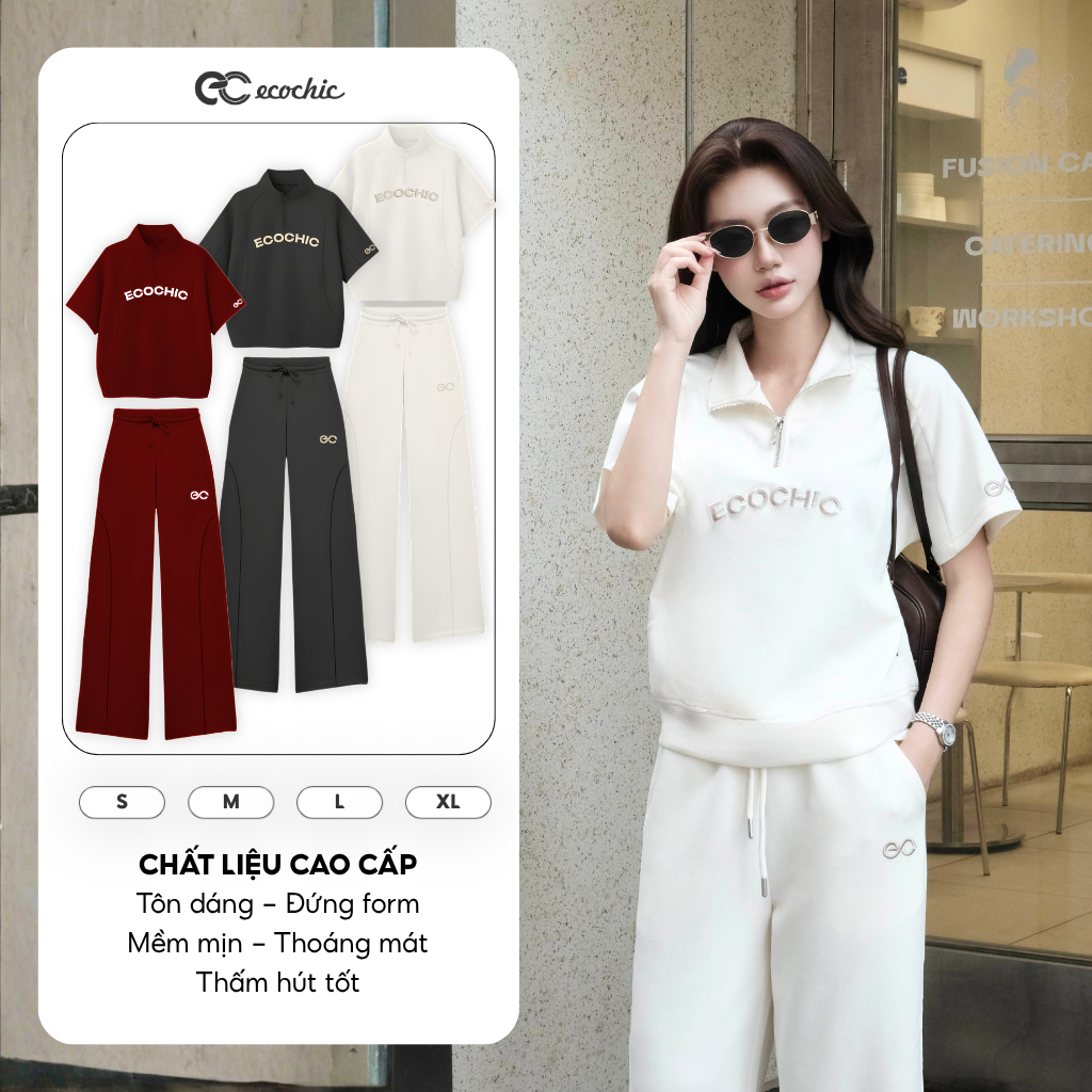 Set Bộ Polo ECOCHIC B142 FRERCE WINK SET Áo Cổ Cao Halfzip Quần Dài Cạp Cao Phối Logo EC Cao Cấp Chính Hãng