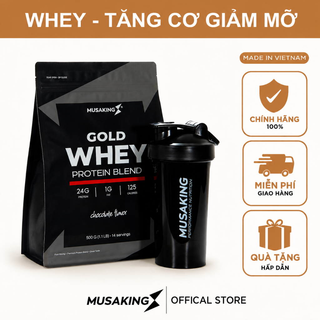 Bột sữa Gold Whey Protein Blend Musaking túi 500g - Tăng Cơ Giảm Mỡ + Tặng bình lắc Shaker 600ml
