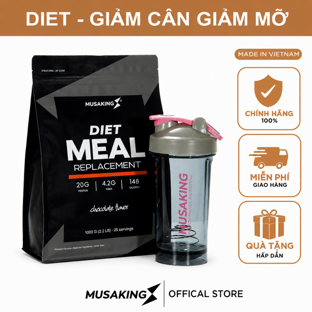 Bột Thay Thế Bữa Ăn Sữa Diet Meal Replacement Musaking túi 1kg | Giảm Cân Ăn Kiêng + Tặng bình lắc Shaker 600ml