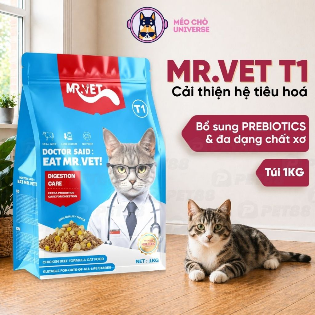 Thức Ăn Cho Mèo MR.VET T1 Holistic Gói 1KG chăm sóc hệ tiêu hoá Cho Mèo Mọi Lứa Tuổi - MÉO CHÒ UNI