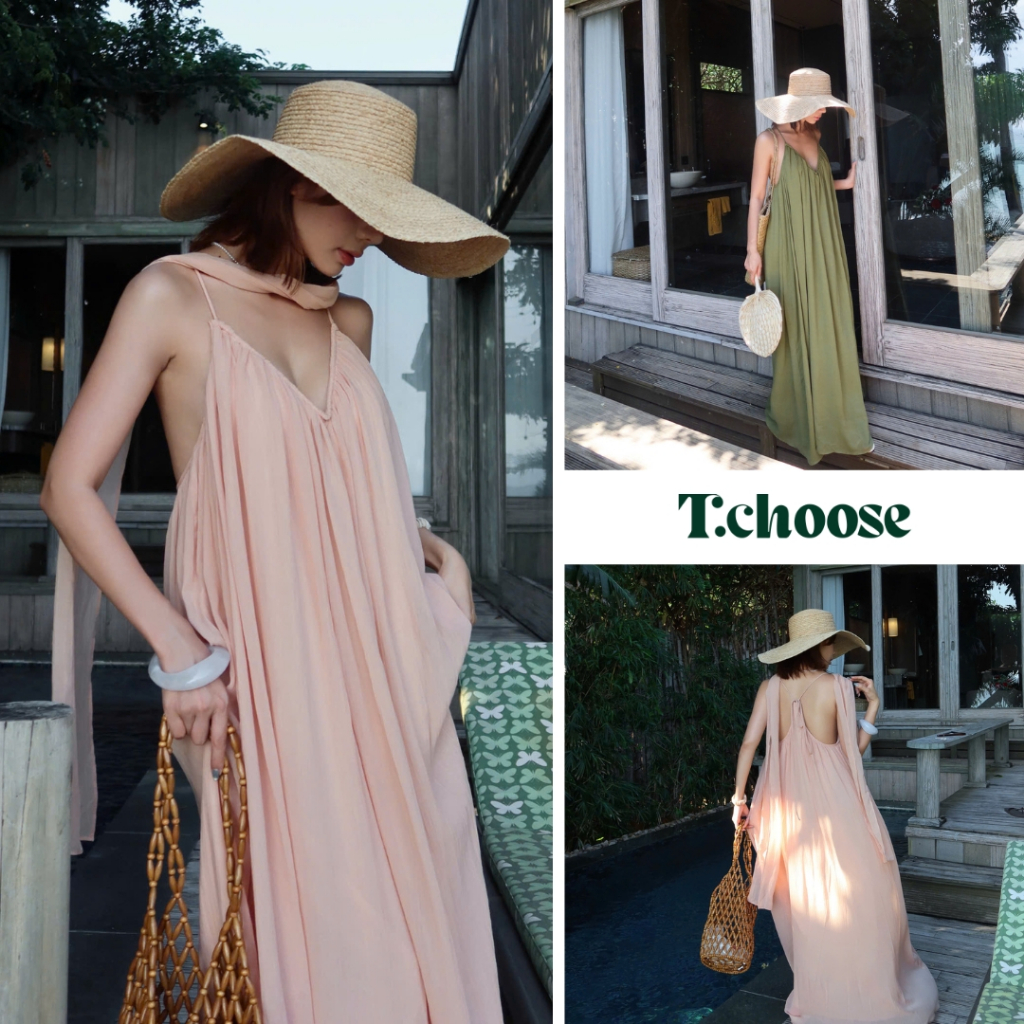 Váy 2 dây cổ v, váy dài hai dây hở lưng dáng xòe 0862 TCHOOSE