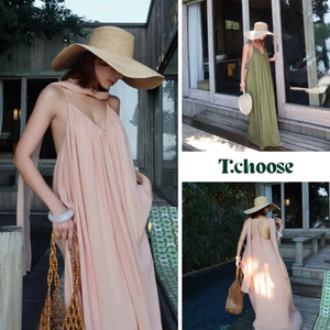 Váy 2 dây cổ v, váy dài hai dây hở lưng dáng xòe 0862 TCHOOSE
