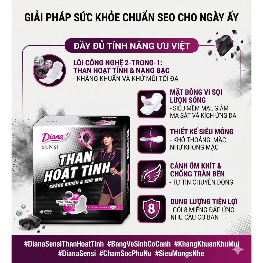 🖤 BVS DIANA SENSI THAN HOẠT TÍNH – KHÁNG KHUẨN & KHỬ MÙI TUYỆT ĐỐI