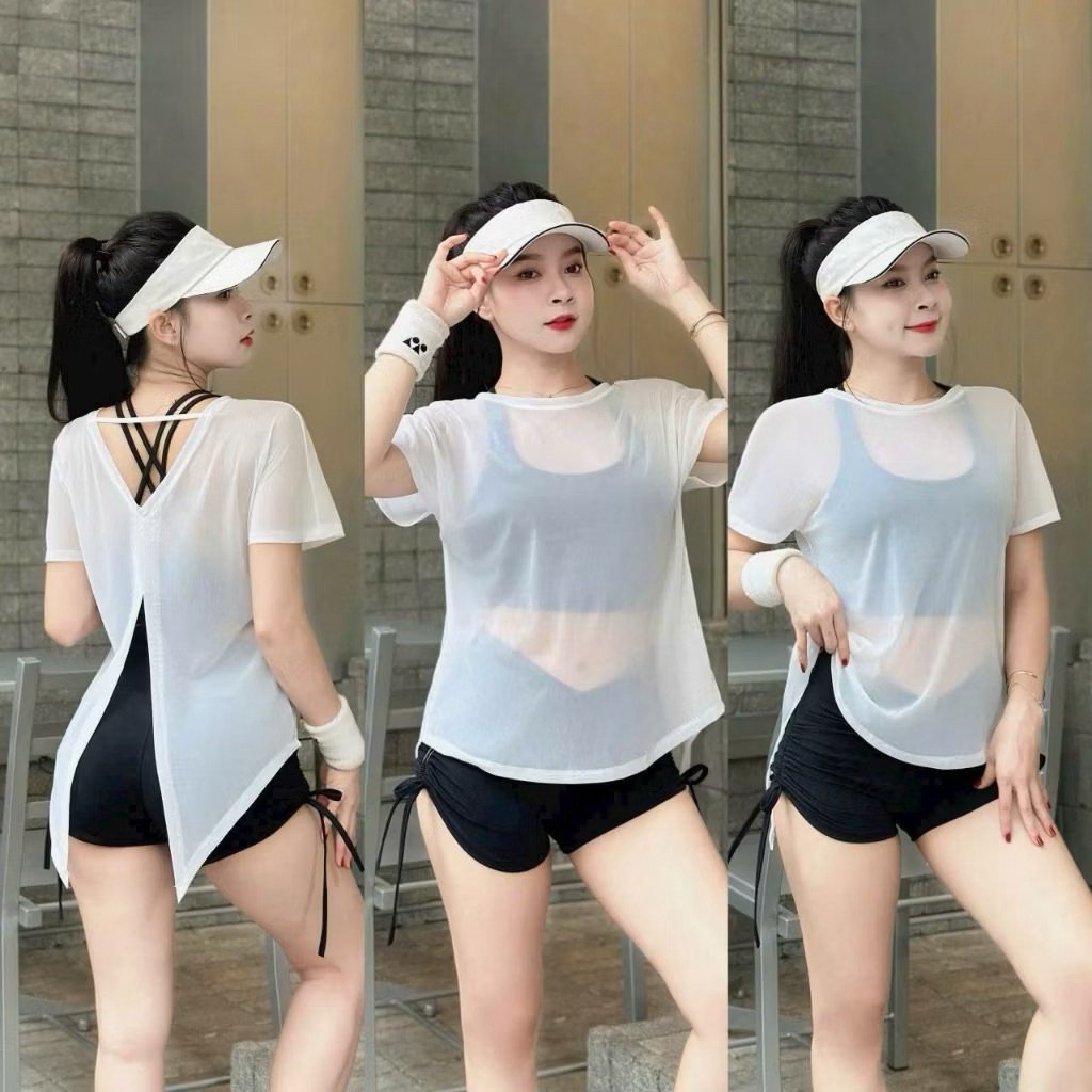 Tank cộc tay lưới xẻ tà tập gym che bắp tay tốt chất lưới mịn 005TRƠN