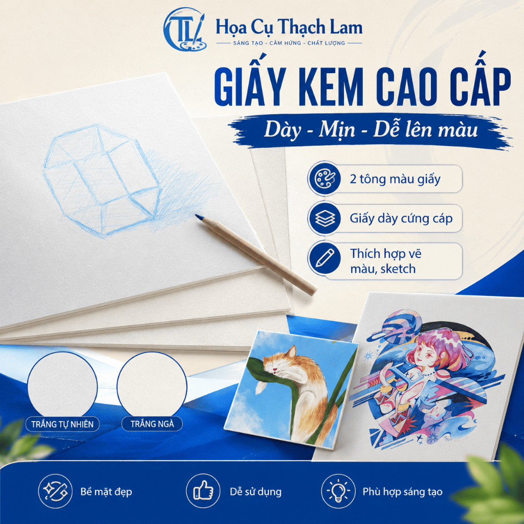 Giấy Kem Mỹ Thuật A4 Cao Cấp Vẽ Màu Chì Marker 80-190gsm, Giấy Dày Dễ Lên Màu