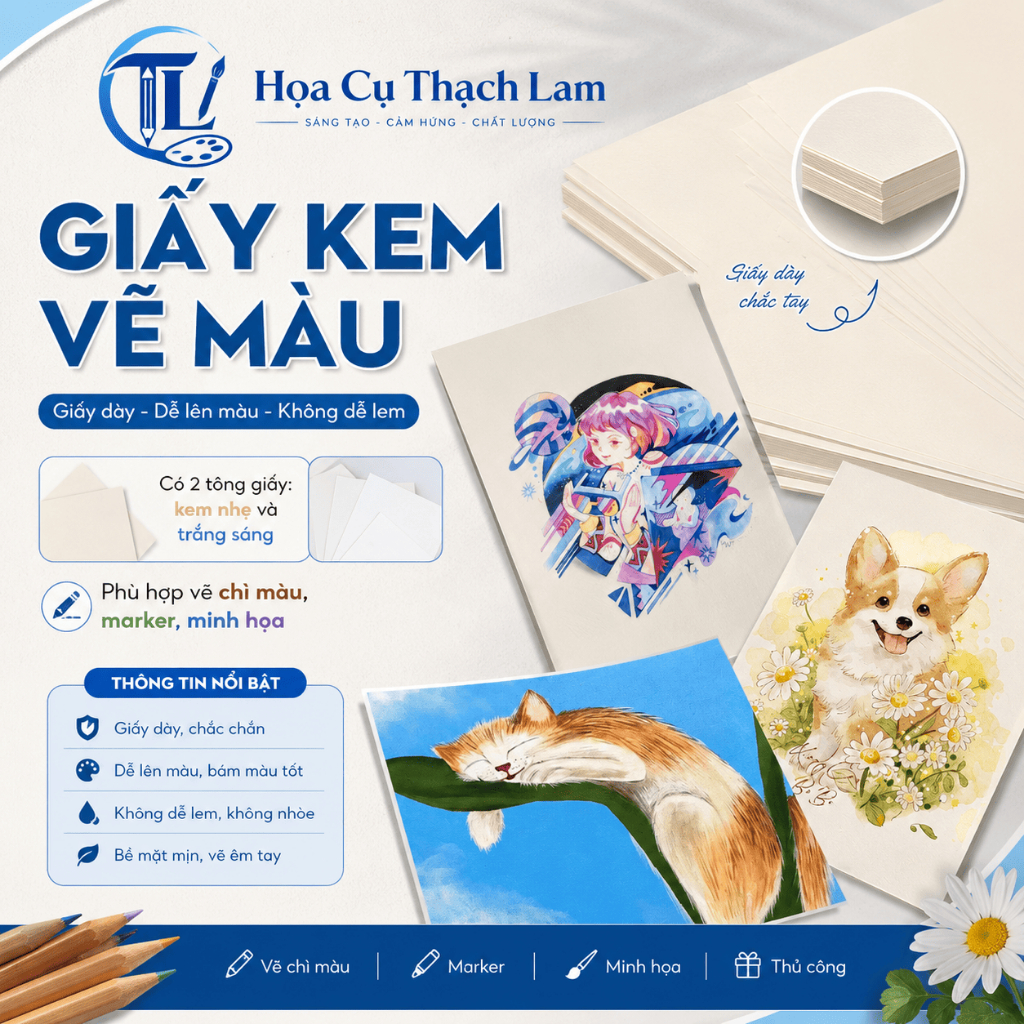 Giấy Kem Mỹ Thuật A4 Cao Cấp Vẽ Màu Chì Marker 80-190gsm, Giấy Dày Dễ Lên Màu