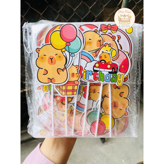 Tượng capybara, bộ 4con và set giấy hình cắm capybara- Phụ kiện trang trí bánh kem