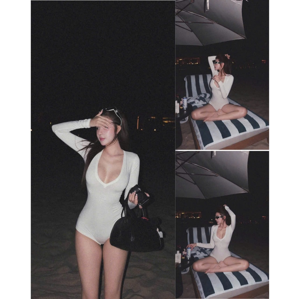 [Sẵn - HỎA TỐC HN] ONESOON Bodysuit 1 mảnh tay dài cổ V sexy ôm body, bộ đồ liền thân gợi cảm cho nữ