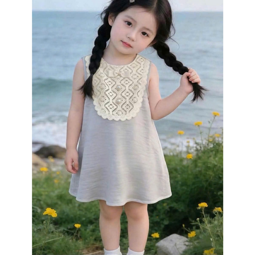 VÁY SUÔNG CHẤT ĐŨI TƠ PHỐI REN CỔ NƠ ĐÍNH NGỌC TRAI CHO BÉ GÁI . ĐỦ sz cho bé từ 8-30kg