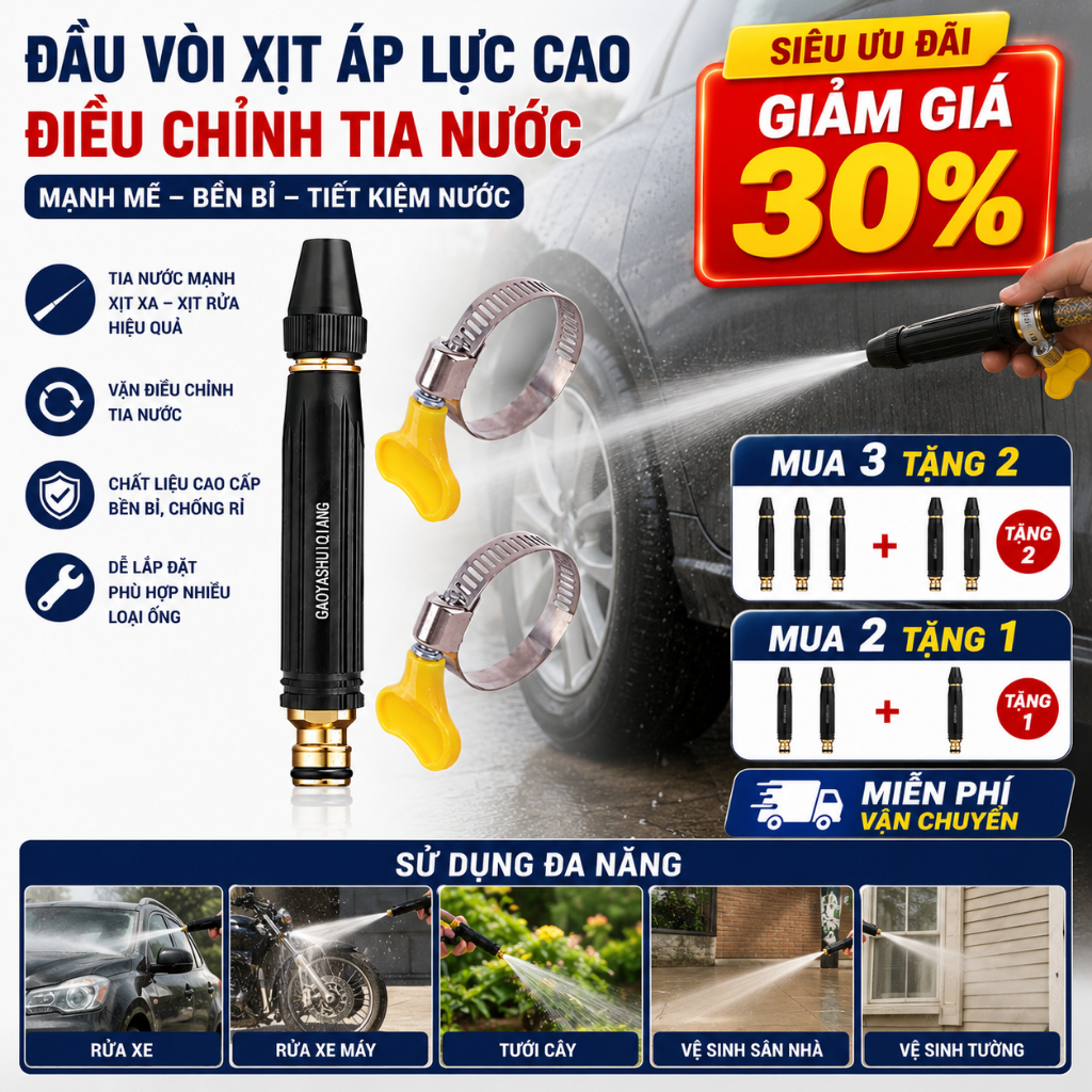 Đầu Phun Nước Áp Lực Cao, Tăng Áp Siêu Mạnh, Rửa Xe, Tưới Cây, Vệ Sinh Nhà Cửa