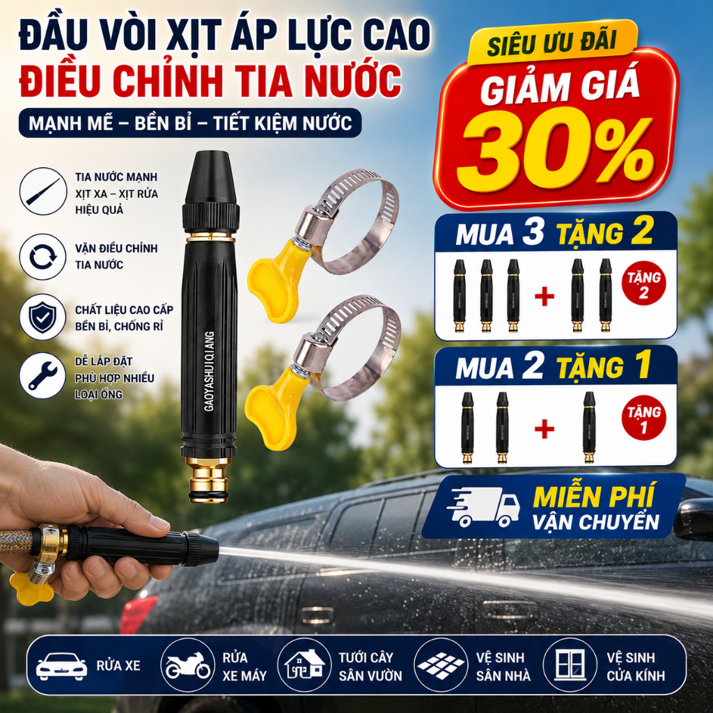 Đầu Phun Nước Áp Lực Cao, Tăng Áp Siêu Mạnh, Rửa Xe, Tưới Cây, Vệ Sinh Nhà Cửa