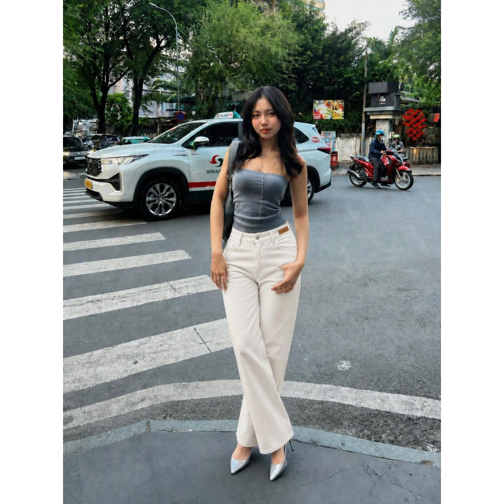 Quần Jean Nữ Ống Suông Cạp Cao Màu Kem, Quần Bò Nữ Dáng Suông Vừa 2 Độ Dài 97cm/102cm Thanh Lịch #8501 8502 CHEZI HOUSE