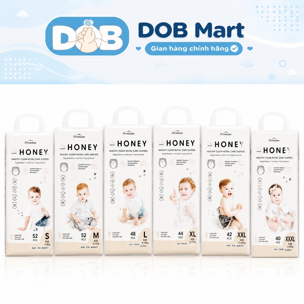 [1 Bịch - tặng khăn ướt Huggies 80t] Tã Honey Premium Cho Bé Đủ Size NB/S/M/L/XL/2XL/3XL/4XL DOB