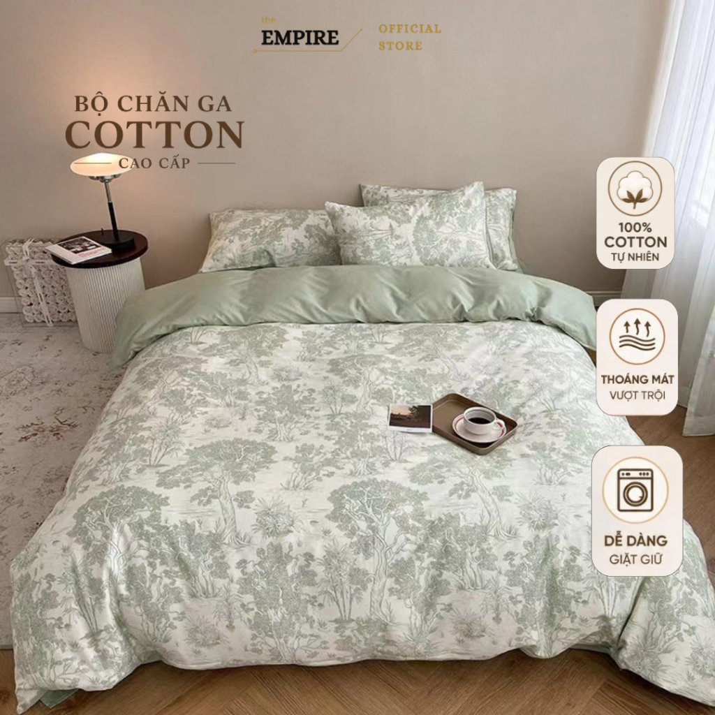 Bộ chăn ga gối nệm đệm set 4 món cotton Empire ga bo chun mùa hè mát không xù lông- Bedding & Decor