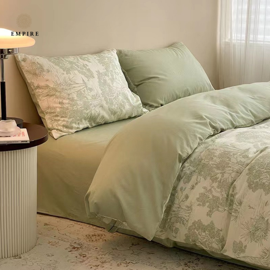 Bộ chăn ga gối nệm đệm set 4 món cotton Empire ga bo chun mùa hè mát không xù lông- Bedding & Decor