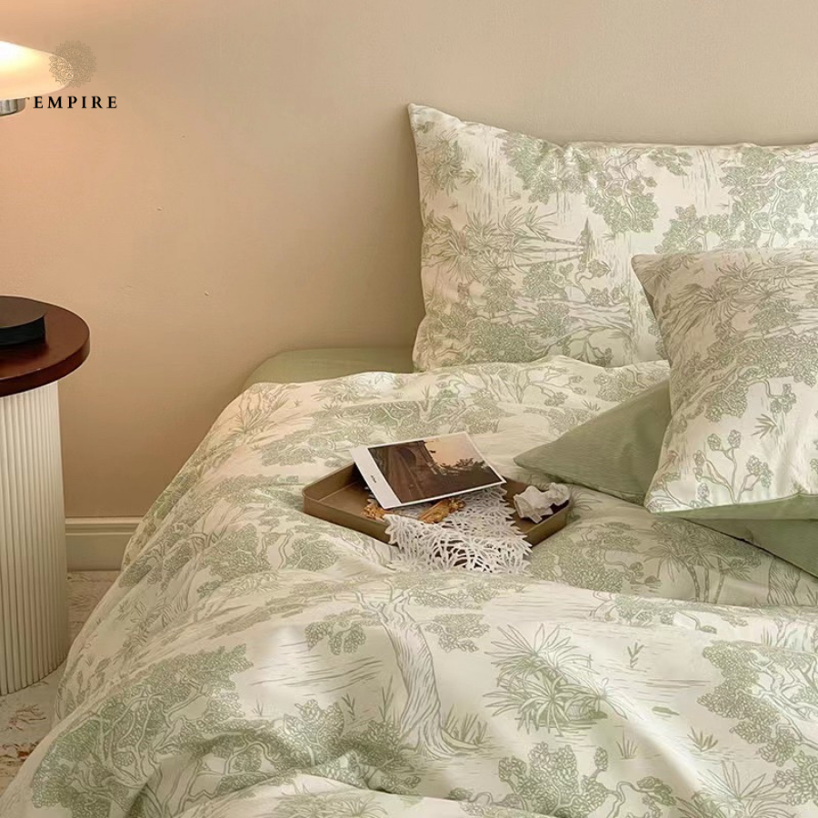 Bộ chăn ga gối nệm đệm set 4 món cotton Empire ga bo chun mùa hè mát không xù lông- Bedding & Decor