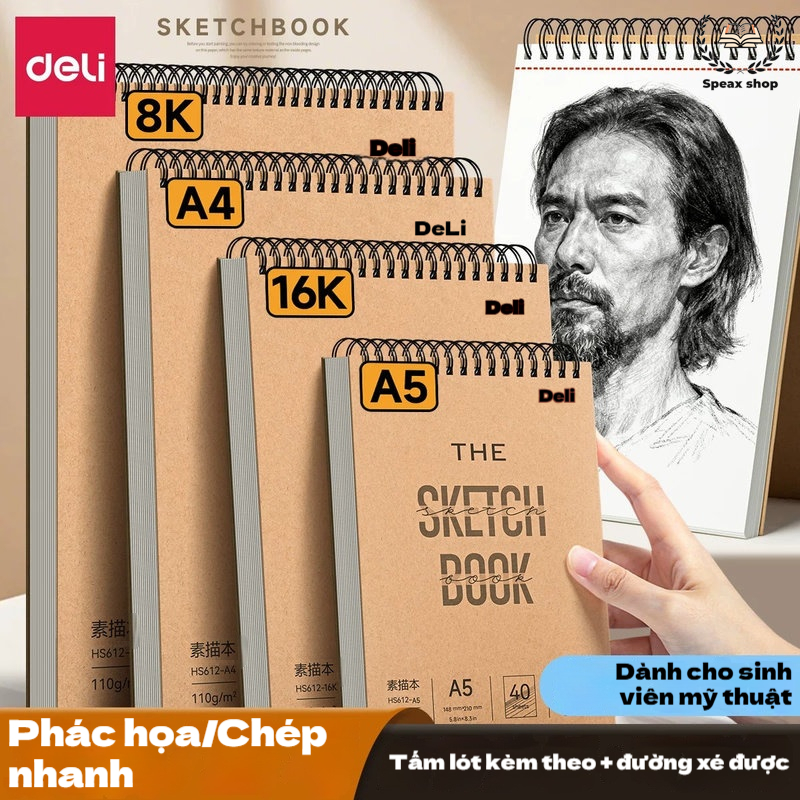 Sổ Vẽ Deli Gáy Lò Xo A4/A3/A5 – Giấy Vẽ Cao Cấp 110gsm, Bề Mặt Ép Lạnh, Chống Tẩy Rách, Dành Cho Vẽ Phác Thảo & Mỹ Thuật