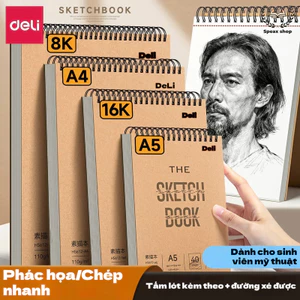 Sổ Vẽ Deli Gáy Lò Xo A4/A3/A5 – Giấy Vẽ Cao Cấp 110gsm, Bề Mặt Ép Lạnh, Chống Tẩy Rách, Dành Cho Vẽ Phác Thảo & Mỹ Thuật