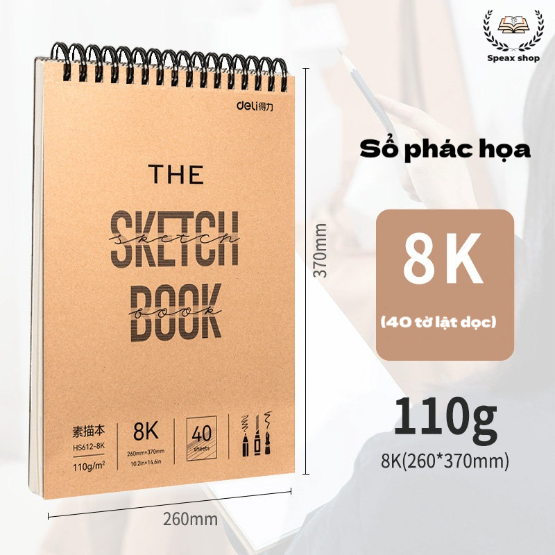 Sổ Vẽ Deli Gáy Lò Xo A4/A3/A5 – Giấy Vẽ Cao Cấp 110gsm, Bề Mặt Ép Lạnh, Chống Tẩy Rách, Dành Cho Vẽ Phác Thảo & Mỹ Thuật