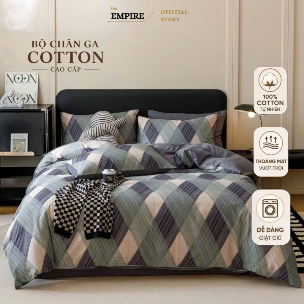 Bộ chăn ga gối nệm 4 món ga bo chun cotton 100% EMPIRE chăn chần bông mềm êm- Empire Bedding & Decor