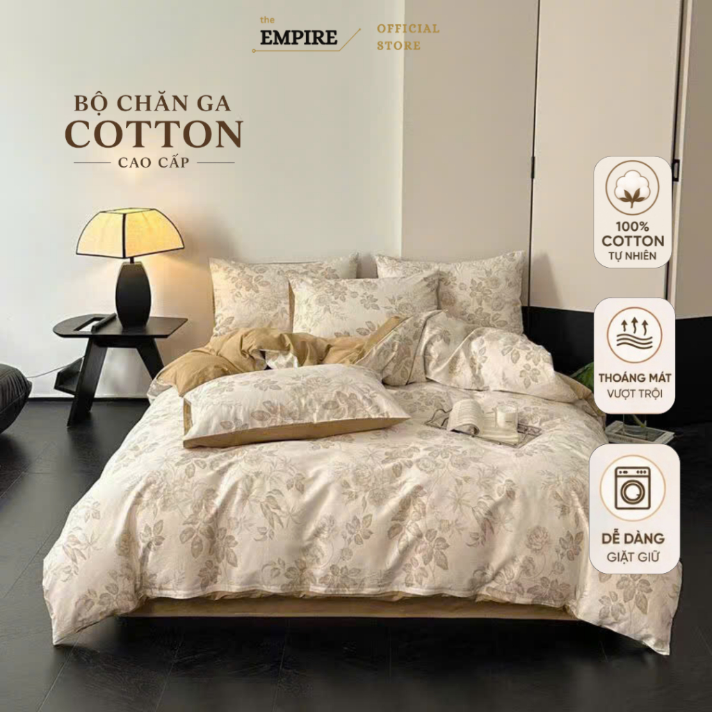 Bộ chăn ga gối nệm 4 món cotton 100% EMPIRE ga chun chăn chần bông mềm mại - Empire Bedding & Decor