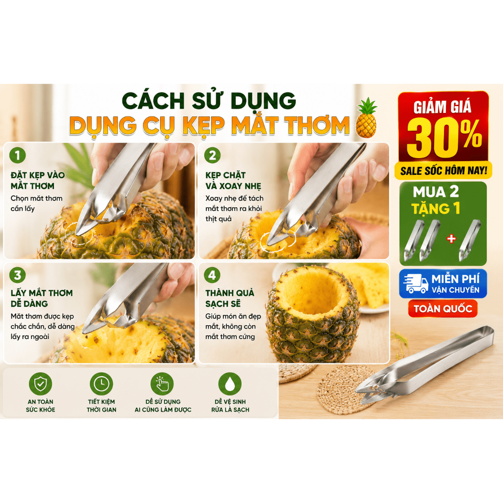 Kẹp Lấy Mắt Dứa Thép Không Gỉ | Dụng Cụ Lấy Mắt Dứa, Dâu Tây Tiết Kiệm Sức Lực【Mua 2 tặng 1】