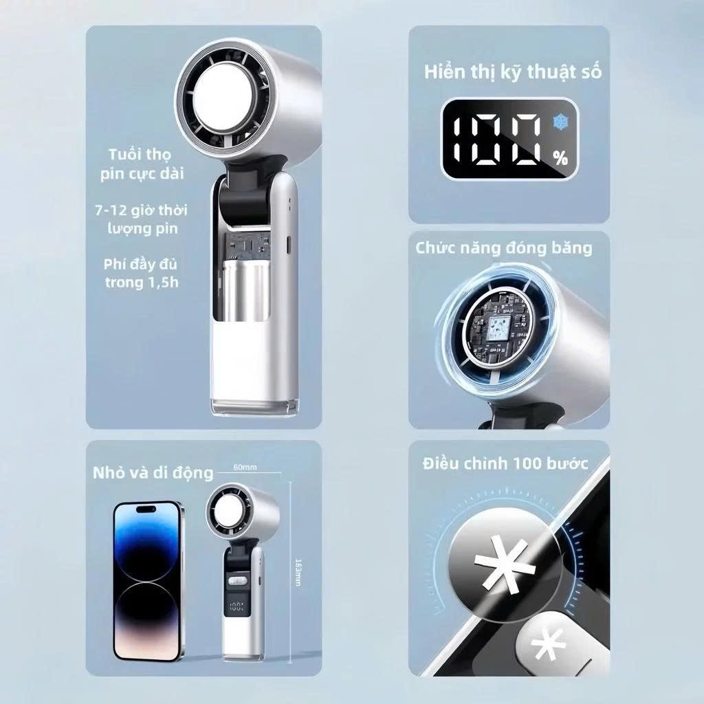 Quạt Cầm Tay Sò Lạnh K801, Màn Hình Kỹ Thuật Số Lạnh Sâu Nhanh, Pin 4000mAh,Đèn LED, Sạc Type-C - ảnh 5