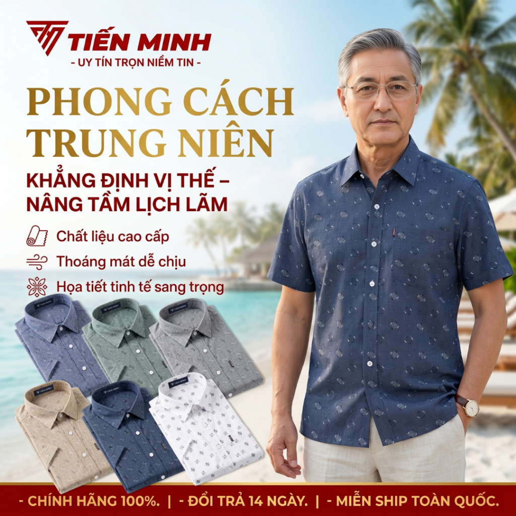 (Vải Cao Cấp) XO21 Áo Sơ Mi Vải Đũi Cao Cấp Trung Niên Ngắn Tay Dáng Suông Vạt Ngang Tiến Minh XO21