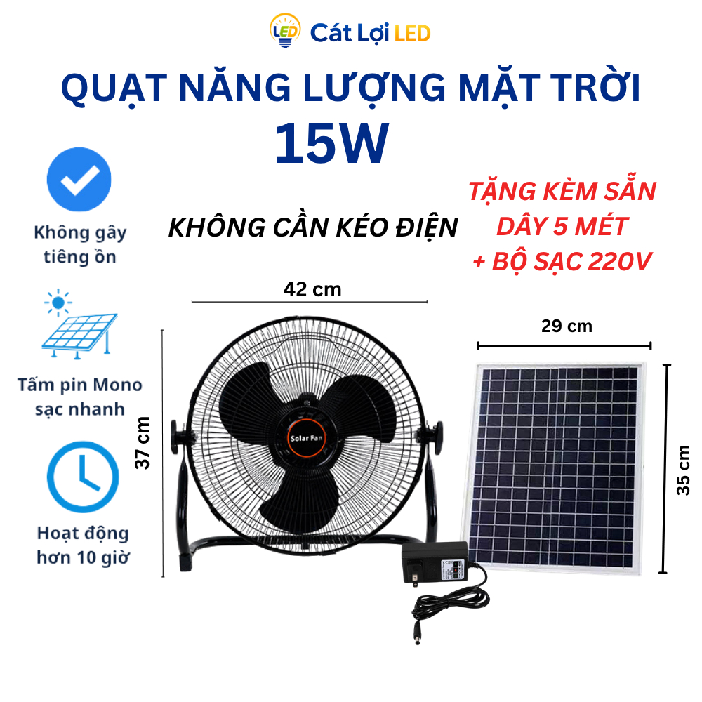 Quạt năng lượng Mặt Trời SOLAR FAN, Quạt tích điện chân quỳ, 3 cấp độ gió, Bảo hành 1 năm
