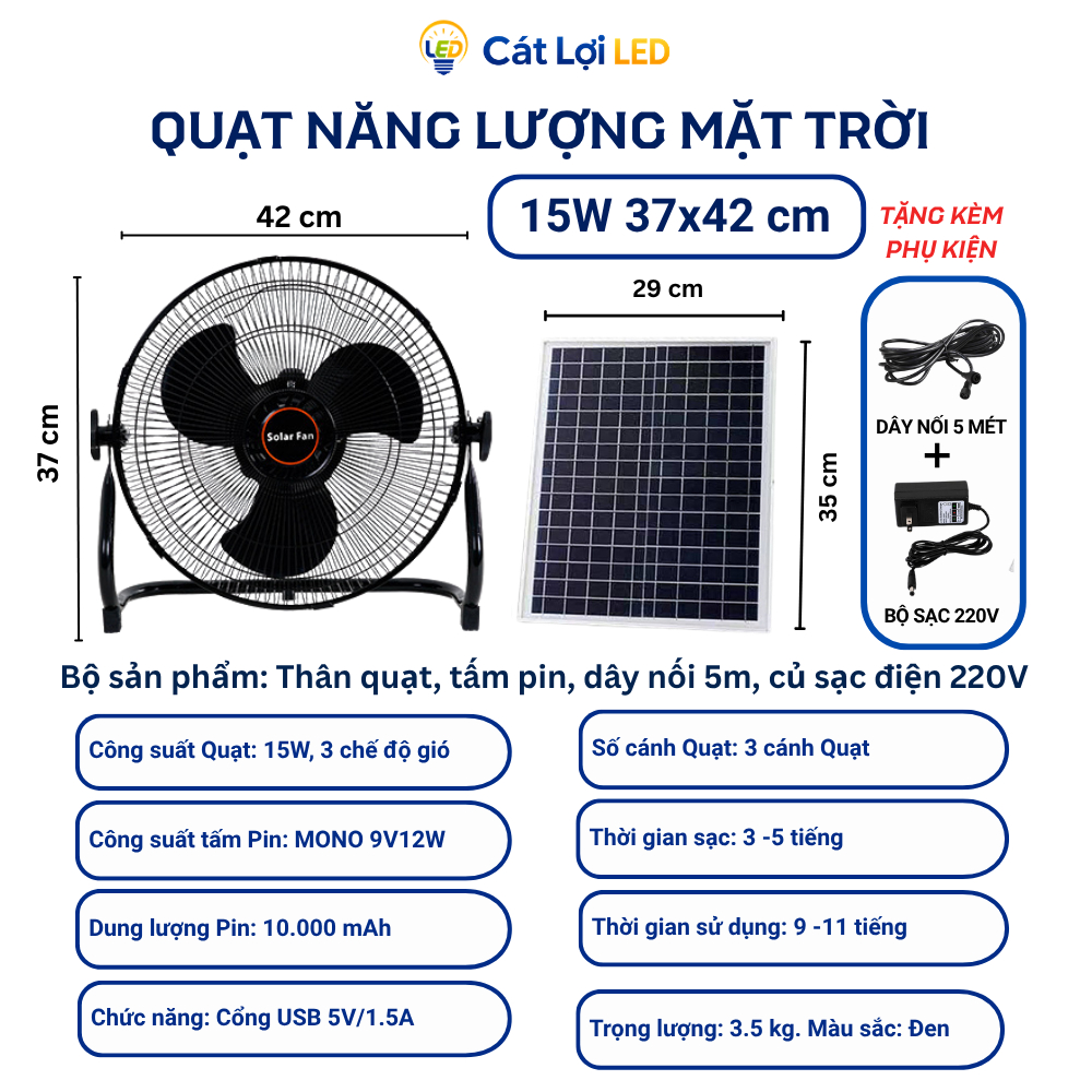 Quạt năng lượng Mặt Trời SOLAR FAN, Quạt tích điện chân quỳ, 3 cấp độ gió, Bảo hành 1 năm