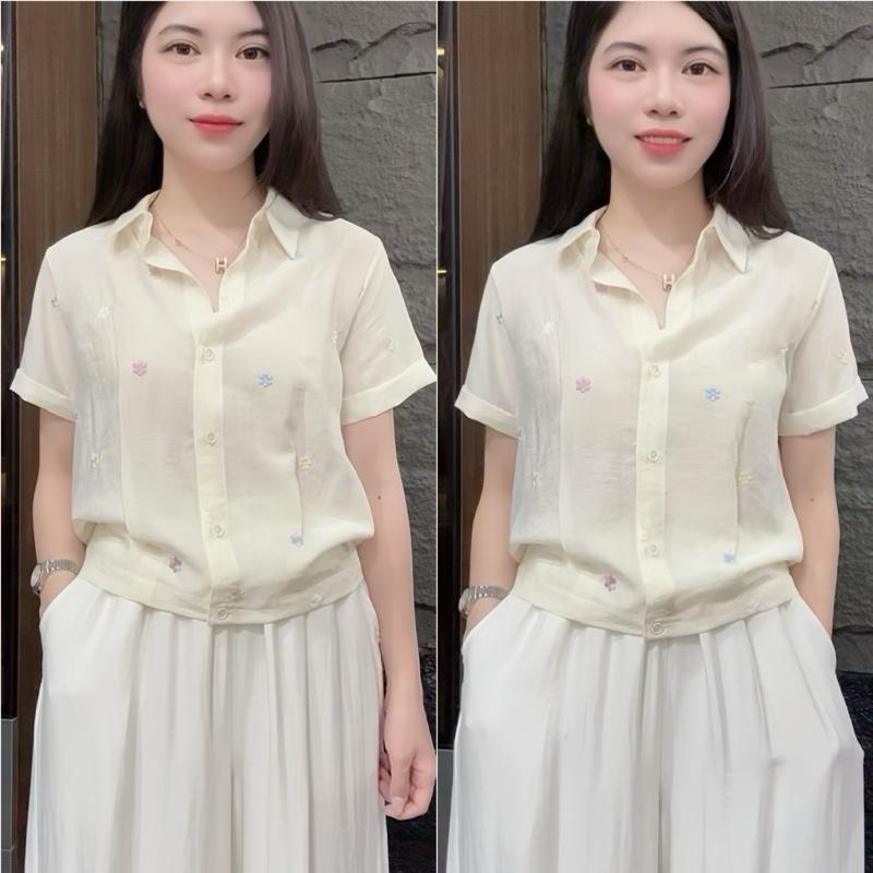 HT41 Áo Linen Thêu Hoa Nổi Tay Ngắn Size 40-70kg Chất Liệu Mềm Nhẹ Mát