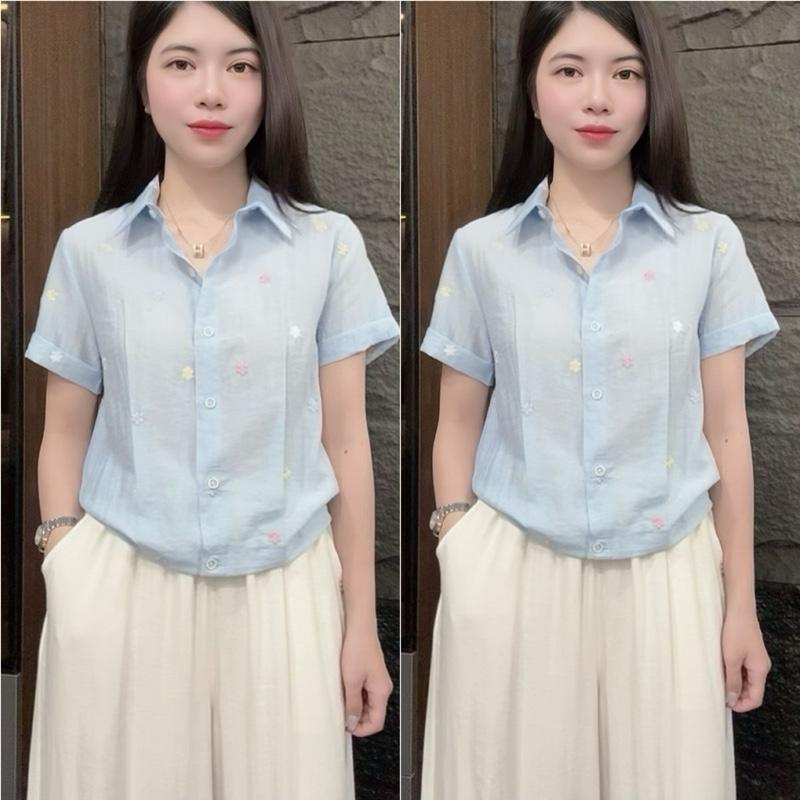 HT41 Áo Linen Thêu Hoa Nổi Tay Ngắn Size 40-70kg Chất Liệu Mềm Nhẹ Mát