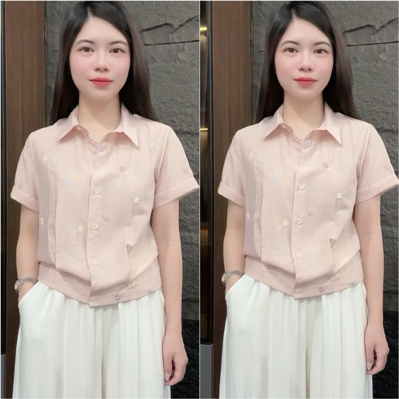HT41 Áo Linen Thêu Hoa Nổi Tay Ngắn Size 40-70kg Chất Liệu Mềm Nhẹ Mát