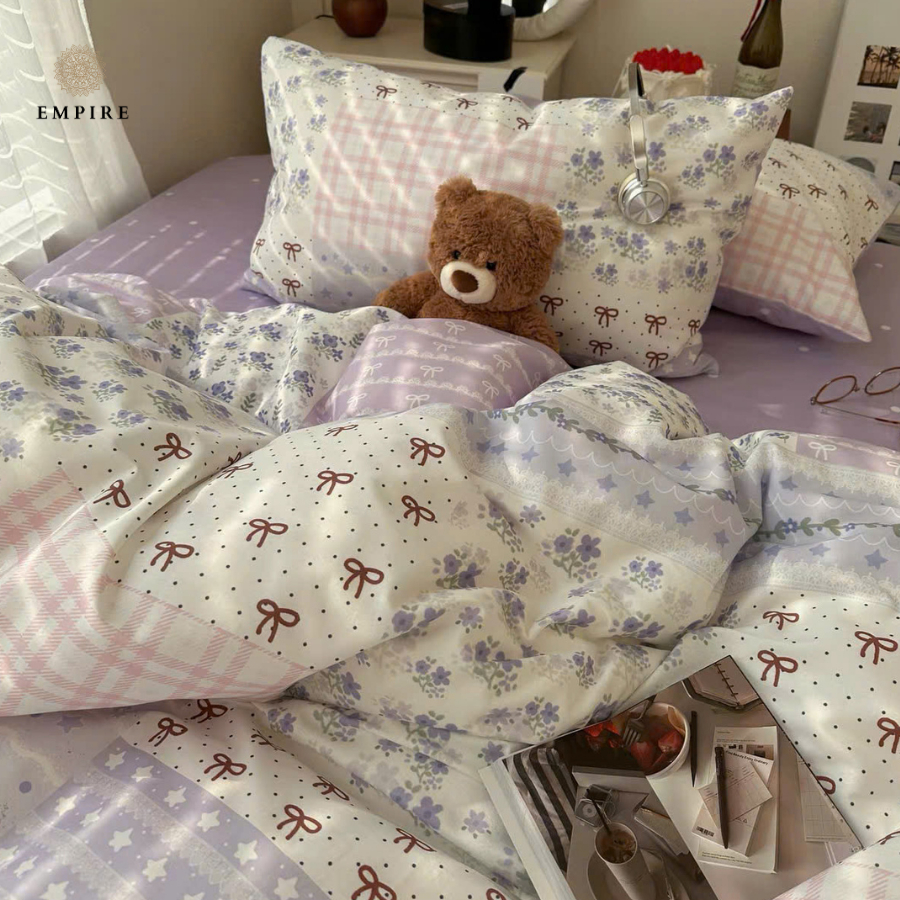 Bộ chăn ga gối nệm set 4 món ga bo chun Cotton 100% chăn chần bông mềm êm - EMPIRE Bedding & Decor