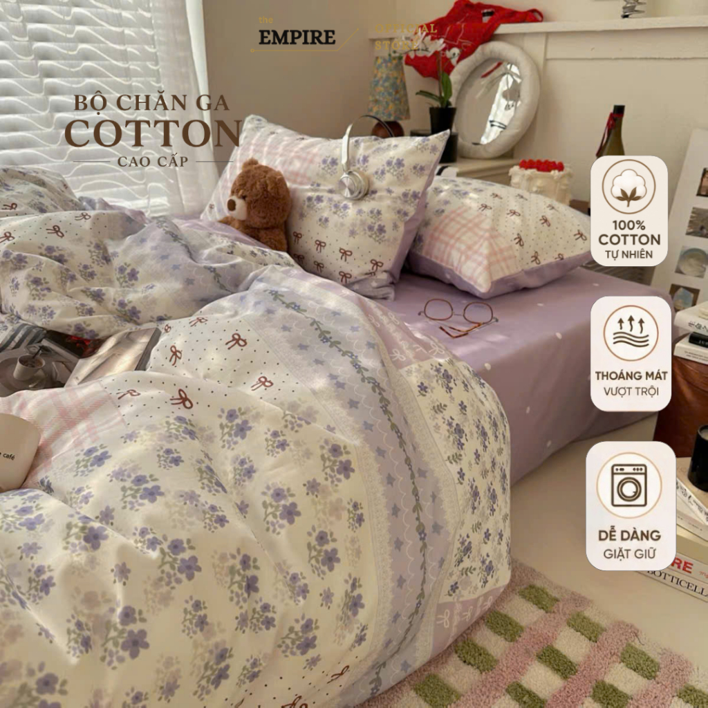 Bộ chăn ga gối nệm set 4 món ga bo chun Cotton 100% chăn chần bông mềm êm - EMPIRE Bedding & Decor