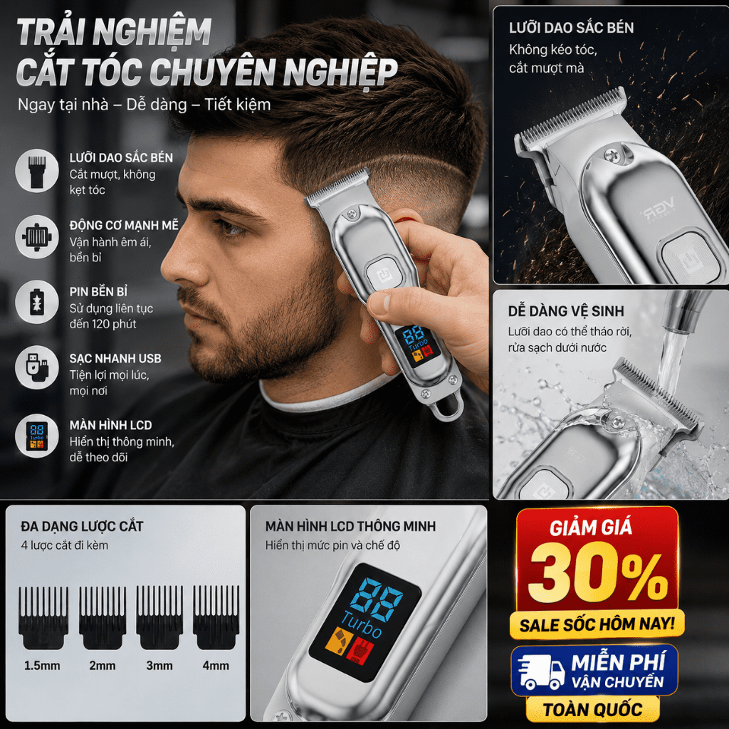 Máy cắt tóc chuyên nghiệp | Màn hình hiển thị pin | Sạc Type-C | Dùng cho gia đình và tiệm tóc | Hỗ trợ bán buôn
