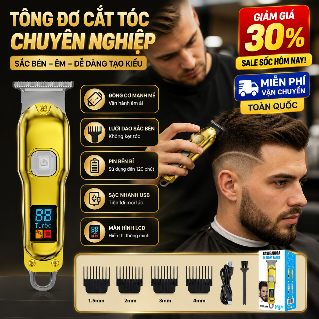 Máy cắt tóc chuyên nghiệp | Màn hình hiển thị pin | Sạc Type-C | Dùng cho gia đình và tiệm tóc | Hỗ trợ bán buôn