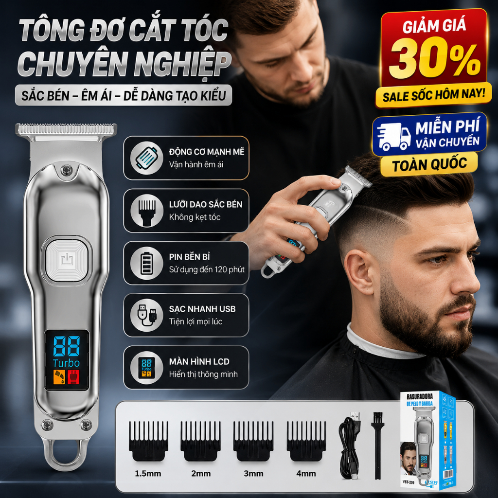 Máy cắt tóc chuyên nghiệp | Màn hình hiển thị pin | Sạc Type-C | Dùng cho gia đình và tiệm tóc | Hỗ trợ bán buôn