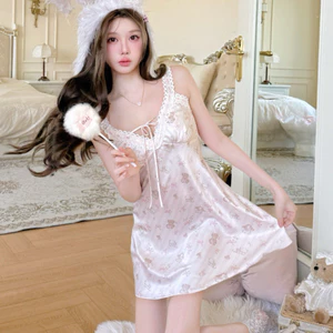 V15. Váy Ngủ Lụa style Tiểu Thư,Màu Hồng Pastel,Không Kén Da,Thiết Kế Dây Áo Phối Ren Lạ Mắt